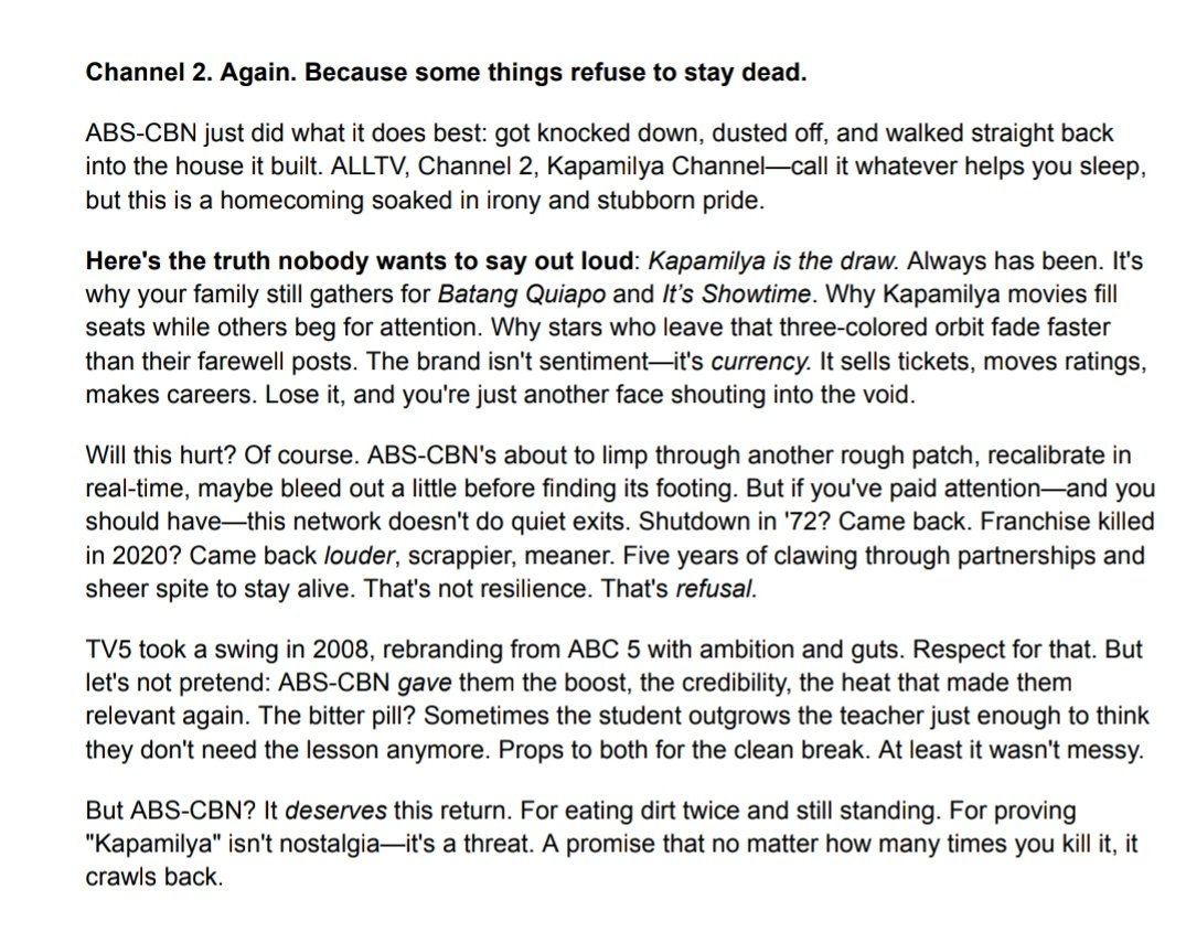 I've said it before, and I'll say it again: the "Kapamilya" brand is the real draw. Wherever it goes, people follow. Good luck—and rise again, ABS-CBN! 👏💪🙌