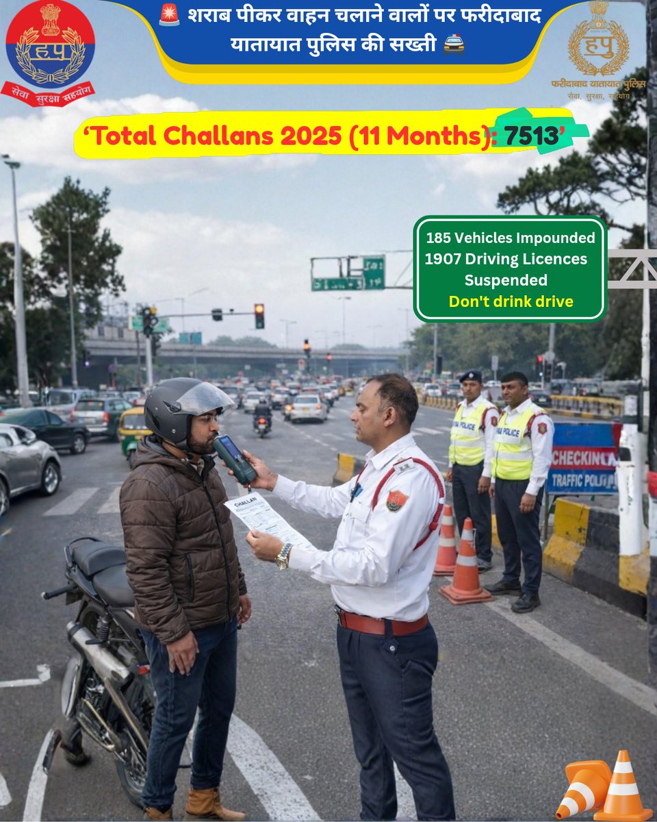 🚨 #Drunk &amp; #Drive पर फरीदाबाद यातायात पुलिस की सख्त कार्रवाई 🚔
सड़क दुर्घटनाओं पर अंकुश लगाने और आमजन की सुरक्षा के लिए लगातार चेकिंग जारी है।
📊 2025 (11 माह)
✔️ 7513 चालान
✔️ 1907 Driving Licences Suspended
✔️ 185 वाहन इंपाउंड

 #SafeDrive करें, Responsible Citizen बनें।