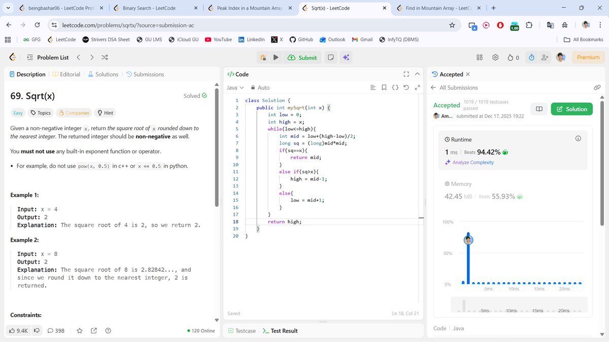 beingbashar06's tweet image. #Day07 of  #100DaysOfCodeChallenge

Today i solved hard problem✅
Focused on Binary Search &amp;amp; variants today.
• Binary Search
• Sqrt(x)
• Peak Index in Mountain Array
• Find in Mountain Array
Binary search isn’t just an algo it’s a mindset.
Day 7 done. 🚀
#DSA #LeetCode #Day7