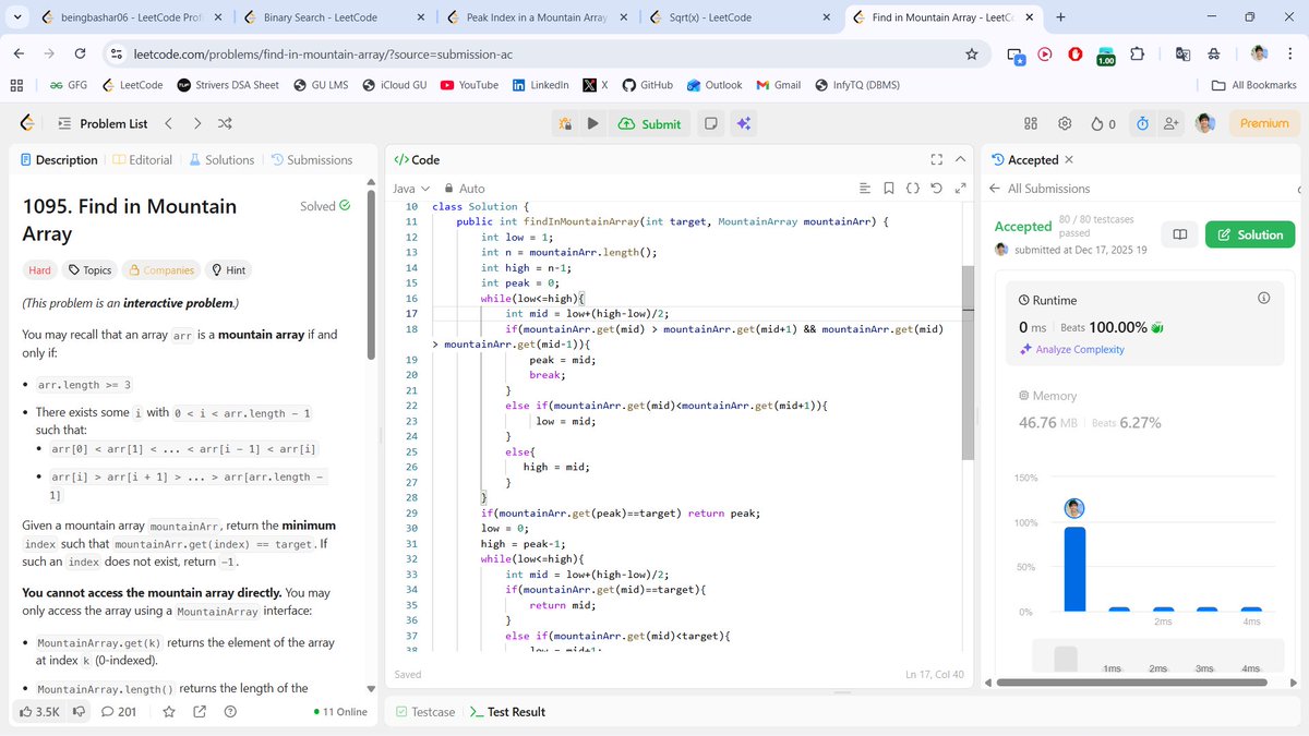 beingbashar06's tweet image. #Day07 of  #100DaysOfCodeChallenge

Today i solved hard problem✅
Focused on Binary Search &amp;amp; variants today.
• Binary Search
• Sqrt(x)
• Peak Index in Mountain Array
• Find in Mountain Array
Binary search isn’t just an algo it’s a mindset.
Day 7 done. 🚀
#DSA #LeetCode #Day7