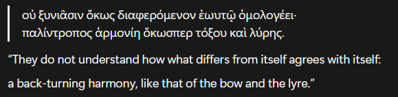 kyalox's tweet photo. @JamrockHobo The first long sentence I see that people correctly identified it as a quote by Heraclitus, but I'm not sure people have really discussed "παλίντροπος", which is a very hard word to describe but something like "back-turning", and appears also in a fragment by Heraclitus. https://t.co/2HA3SVfA6b