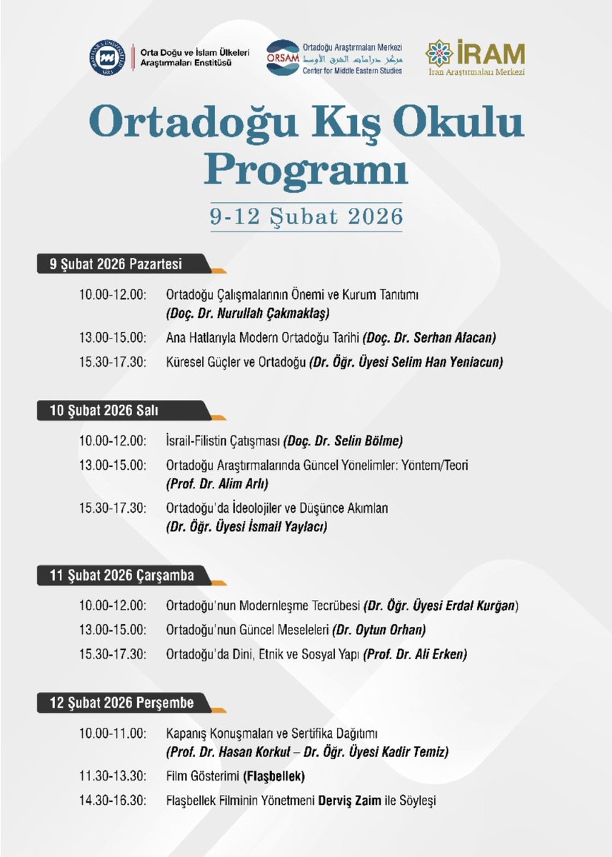 Ortadoğu Kış Okulu

Enstitümüz, ORSAM (<a href="/orsamorgtr/">ORSAM</a>) ve İRAM (<a href="/iramcenter/">İran Araştırmaları Merkezi - İRAM</a>) iş birliğinde lisans 3. ve 4. sınıf öğrencilerine yönelik düzenlenen Ortadoğu Kış Okulu için başvurular başlamıştır.

Programa ilişkin detaylı bilgiye ulaşmak ve başvuru yapmak için: oae.marmara.edu.tr/notice/ortadog…