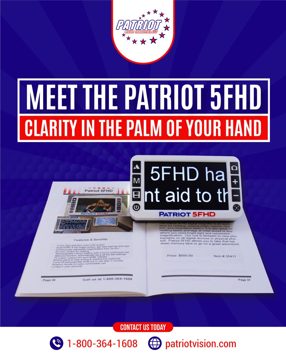Struggling to read mail, menus, or medication labels on the go?

The #Patriot5FHD is a powerful, compact #digitalmagnifier designed to bring instant clarity wherever life takes you. Small enough to fit in your hand , strong enough to make a real difference.📞 1-800-364-1608