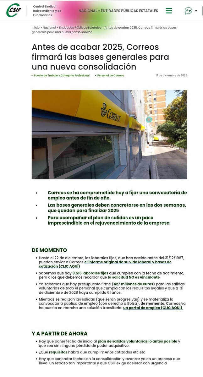 🟢 Antes de acabar 2025, <a href="/Correos/">Correos</a> firmará las bases generales para una nueva CONSOLIDACIÓN

▶️
csif.es/es/noticia/por…