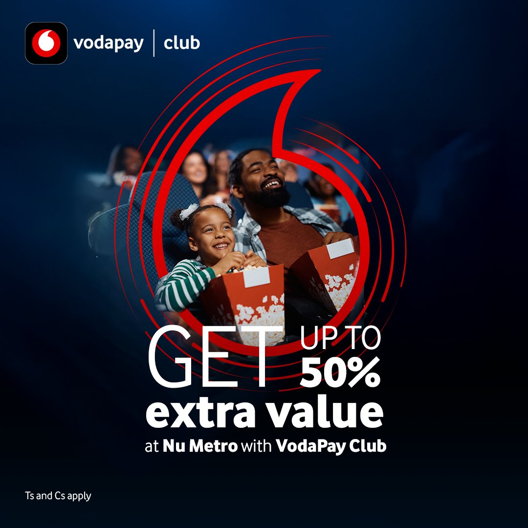 The holidays hit different when there’s a big screen, popcorn and the people you love.🥰 Get 30% EXTRAA value at Nu Metro or up to 50% extra value with VodaPay Club and keep the family entertained this festive. 😎 Download VodaPay today! bit.ly/3LPapw2
Ts and Cs apply.