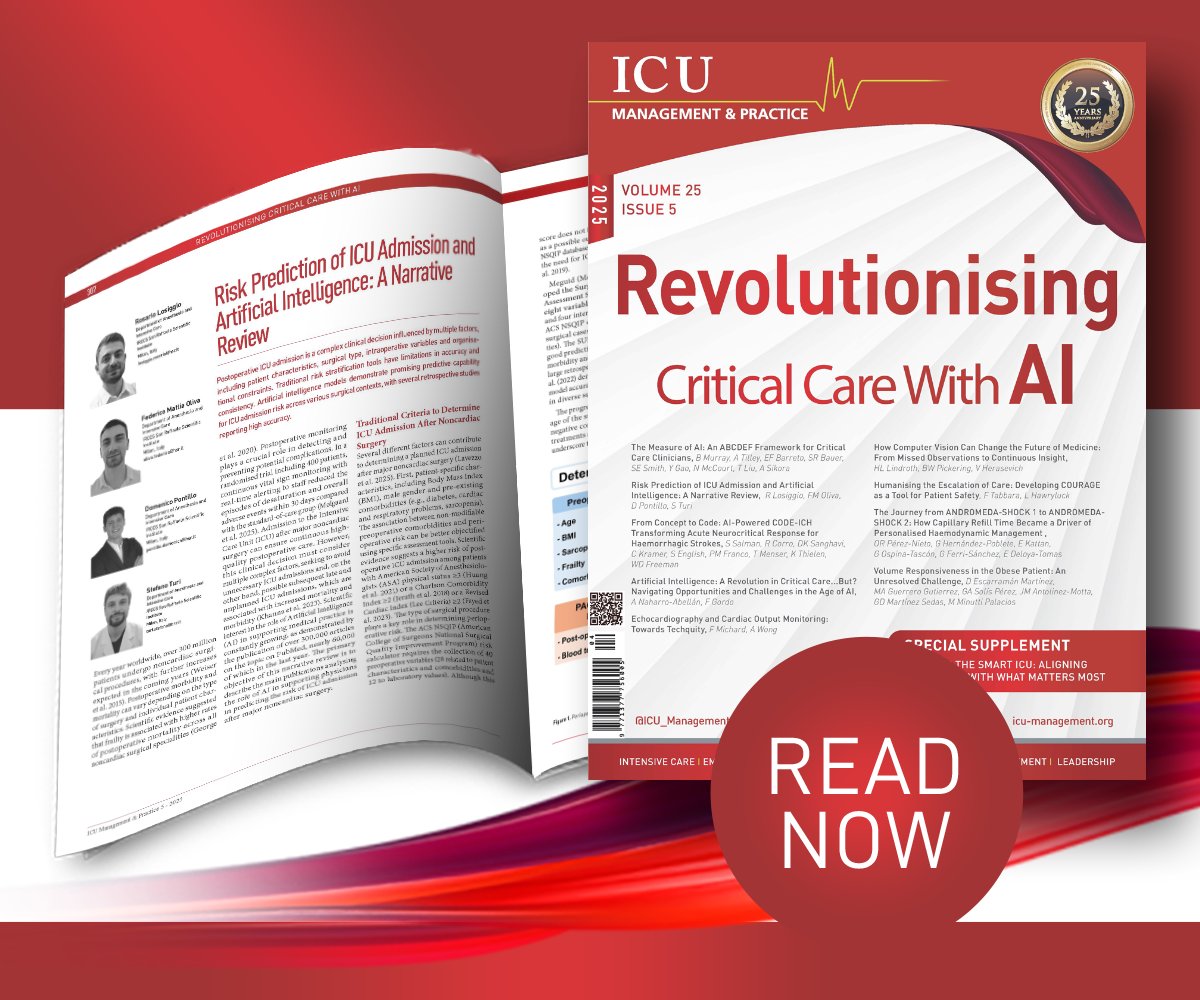 Postoperative ICU admission is a complex clinical decision. Traditional risk stratification tools may have  limitations. #AI models demonstrate promising predictive capability for #ICU admission risk across various surgical contexts. Read more: iii.hm/1ycm