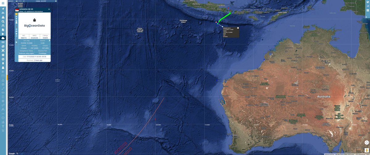 #MH370 Armada 86 05 has resumed course to the Southern Indian Ocean. They are heading 218 degrees at around 7 knots. The weather is giving them some problems with waves and rain. #vesseltracking by <a href="/BigOceanData/">BigOceanData</a>