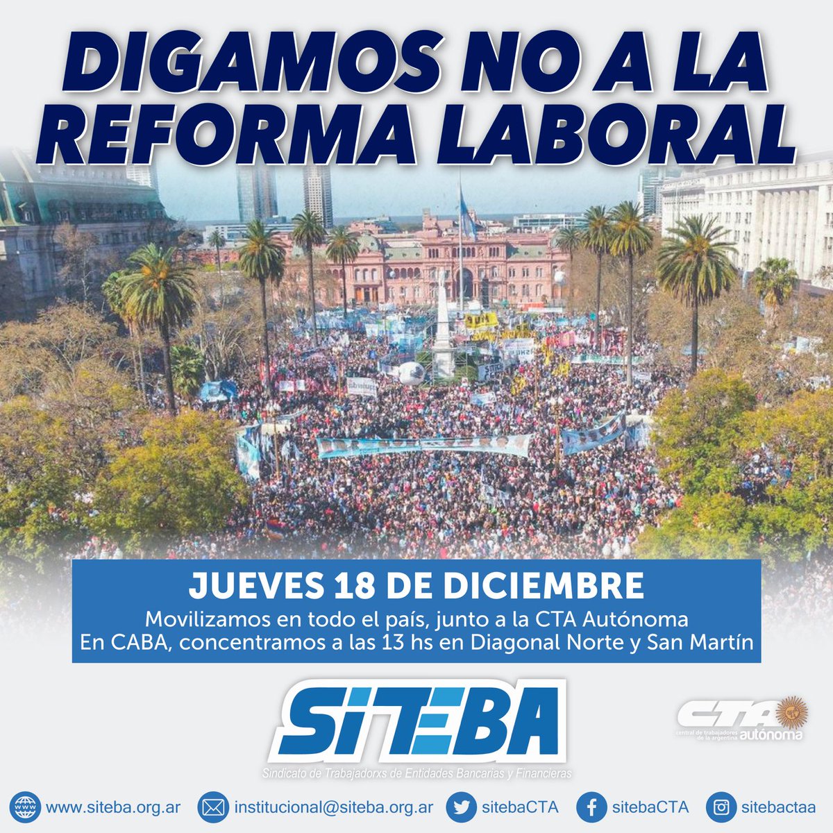 Este jueves 18 de diciembre saldremos a las calles para rechazar la #reformalaboral esclavista de Milei, Macri y las cámaras patronales.

¡Unidad de la clase trabajadora en la lucha!