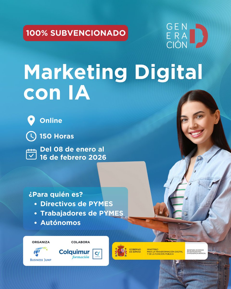 𝗙𝗼𝗿𝗺𝗮𝗰𝗶𝗼́𝗻 𝟭𝟬𝟬% 𝗦𝘂𝗯𝘃𝗲𝗻𝗰𝗶𝗼𝗻𝗮𝗱𝗮 ✅

🖥️ Matricúlate gratis en esta nueva formación organizada por Business Jump donde el Colegio es colaborador.

👉🏼 Entra en nuestra página web y pulsa en “Transformación Digital” para inscribirte.