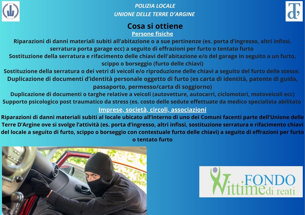 PMTerredargine's tweet photo. #PLTerredargine Il #FondoVittimeReato dell'UTdA è un'iniziativa per aiutare chi ha subito danni materiali e/o psicologici a causa di reati (furti, rapine, ecc.) avvenuti nel territorio dell'Unione, accessibile a privati e imprese.
INFO👉https://t.co/VKGKr93ZTD
@PMTerredargine https://t.co/y0wuocvut7