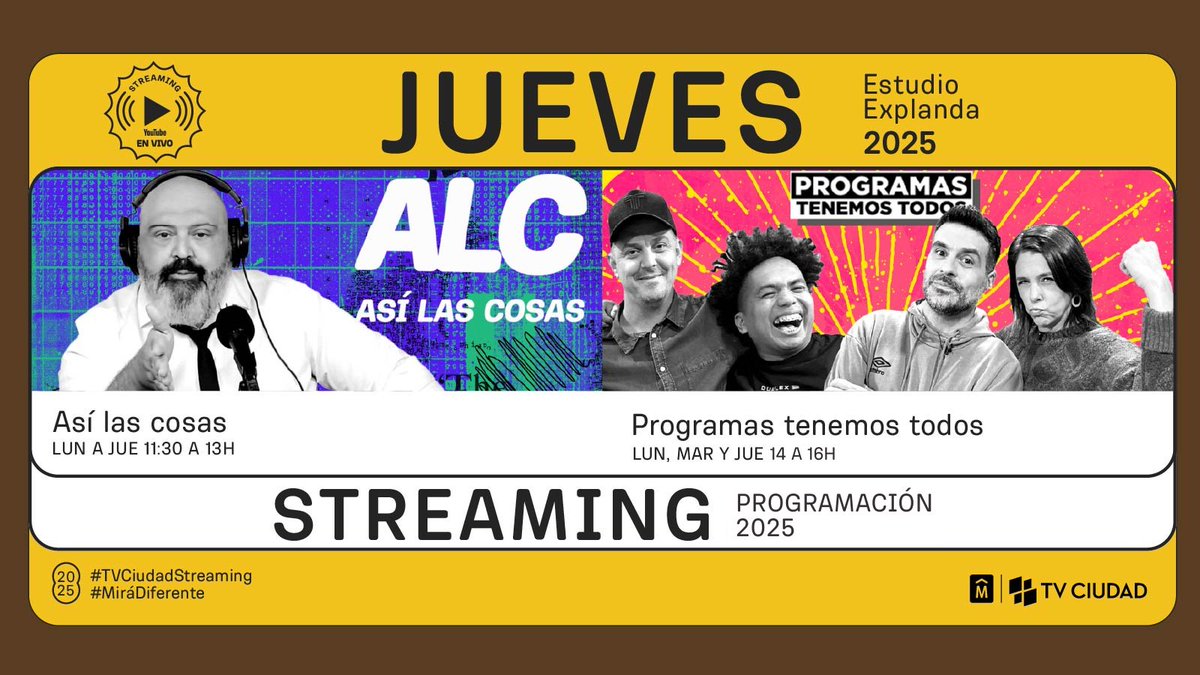 TVCIUDADuy's tweet photo. Jueves 🧐
Hoy en #TVCiudad
🐣 7 y 16:30h #PaseoAnimado
📰 8, 13 y 18:30h #MVDNoticias • En vivo
🧉 9h #CiudadViva • En vivo
🎧 11:30h #AsiLasCosas • Streaming ¡Último programa!
🎧 14h #Programastenemostodos • Streaming ¡Último programa!
🌆 17:30h #MiraMontevideo
🧐 20h #LadoB • En Vivo
🔥 21h #ManosAlFuego • Ep. 14
🪙 22h #MonedaCorriente
Seguí @TVCIUDADuy 📺#MiráDiferente