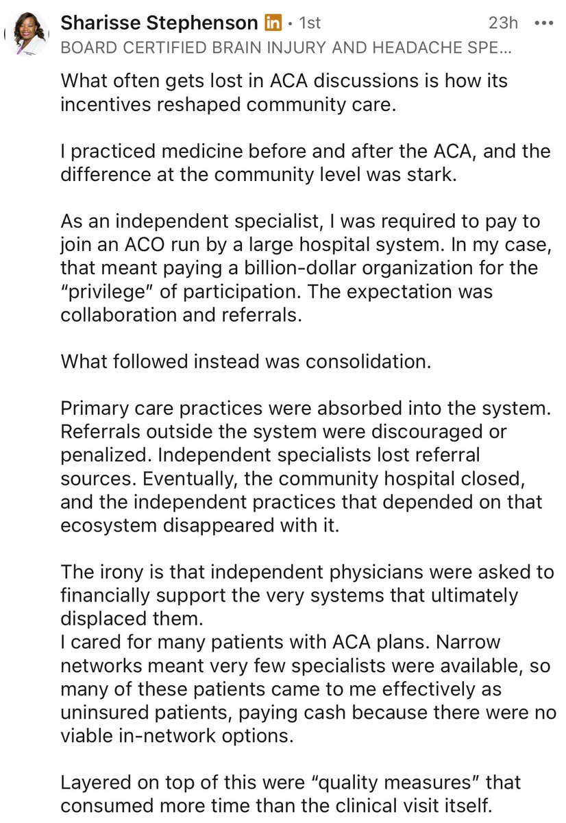 "What often gets lost in ACA discussions is how its incentives reshaped community care." <a href="/drsharisse/">Sharisse Stephenson</a>

"The ACA was a resounding success at what it was intended to do: consolidation, centralization, and control." 

"The solution is a transparent marketplace, where patients can