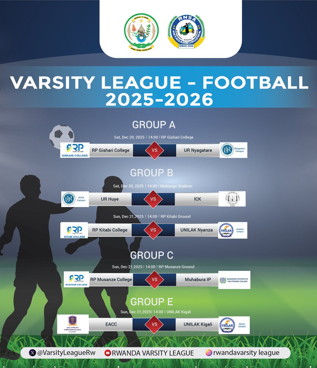 FIXTURES FOR RWANDA VARSITY LEAGUE (#VarsityLeagueRw) this weekend, 20 - 21 December 2025, in football ⚽️ .

<a href="/Rwanda_Sports/">Ministry of Sports | Rwanda</a>