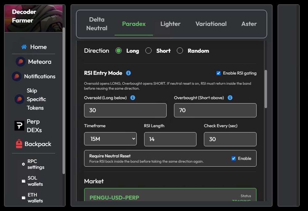 RSI based entries - coming soon on our <a href="/paradex/">Paradex</a> farmer 👀 
Where complete automation meets profitable farming!

That's right! The ultimate EDGE when it comes to levelling up your farming experience 💸 

Want in? 
Grab an NFT or purchase a subscription today for earliest access