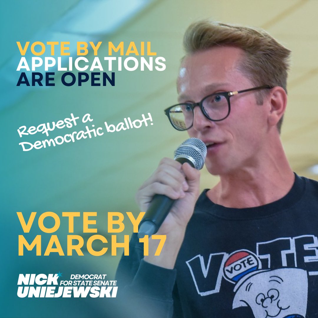 Vote by mail applications are officially open today! Be sure to request a Democratic ballot when you apply. 

Sign up here so you're ready for Election Day on March 17: chicagoelections.gov/voting/vote-ma…
