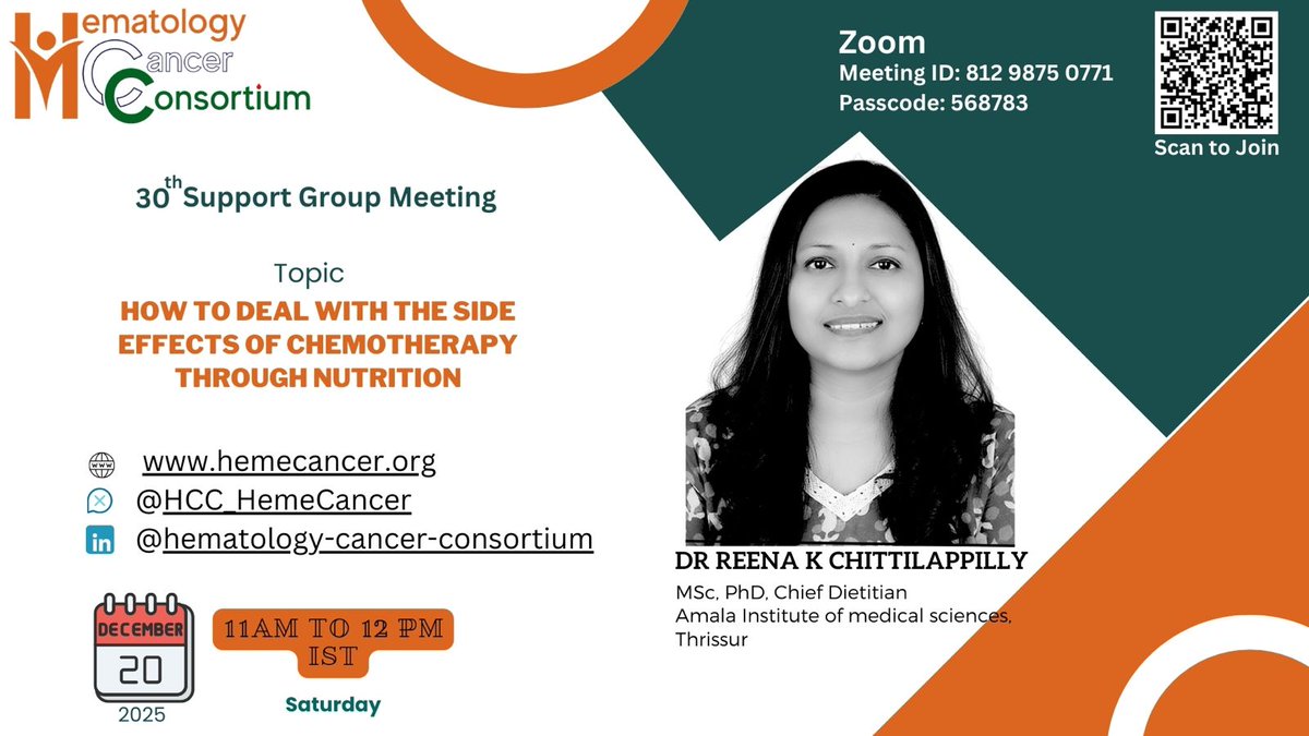 HCC_HemeCancer's tweet image. Chemo is hard—but you don’t have to face its side effects alone.
Join HCC’s 30th Support Group Meeting to learn how nutrition can ease treatment-related challenges, with expert guidance from Dr. Reena K Chittilappilly.
📅 Dec 20 | 11 AM IST
#CancerSupport #NutritionInCancer #HCC