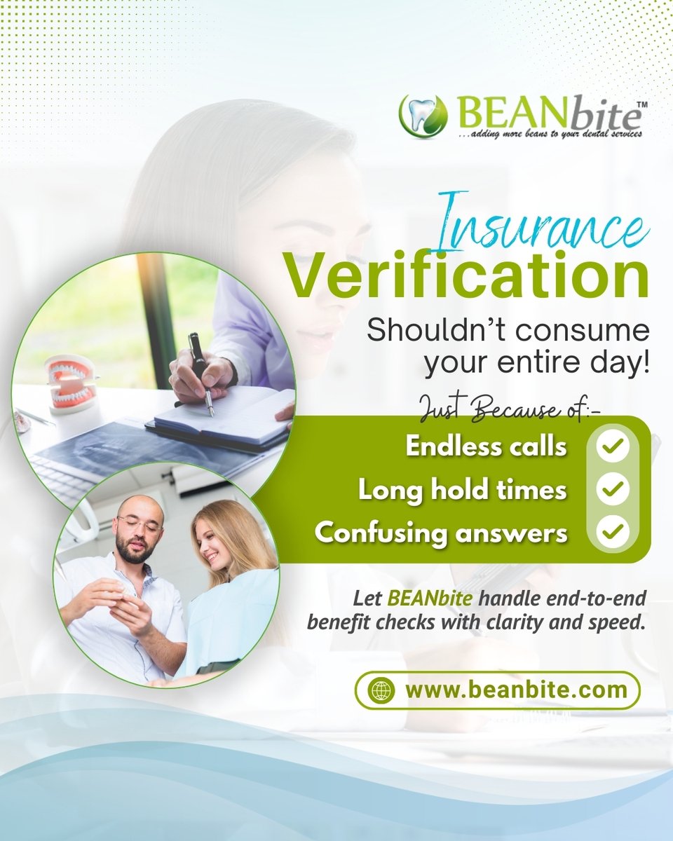 BEANbite's tweet image. Endless calls, long hold times, and confusing answers? ⏳ Insurance verification shouldn’t run your day. Let BEANbite handle fast, clear end-to-end benefit checks. 📲 (424) 262-9055 |🌐 beanbite.com
#beanbite #dentalbilling #insuranceverification