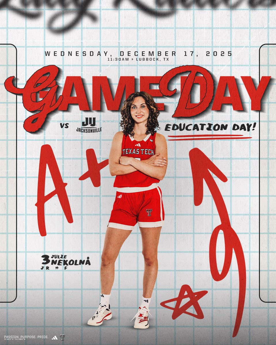 LadyRaiderWBB's tweet photo. It’s time for Education Day!

🆚 Jacksonville
⏰ 11:30 AM
📍 Lubbock, TX
📺 https://t.co/kaLLhsdA5S
📊 https://t.co/hzEs43ZBEH
📻 https://t.co/siSJ0EwCCp

#WreckEm https://t.co/obnLOnZYNU