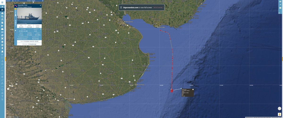 #RVFalkorToo Here is Falkor Too's track and current position off the coast of South America. #vesseltracking by <a href="/BigOceanData/">BigOceanData</a>
