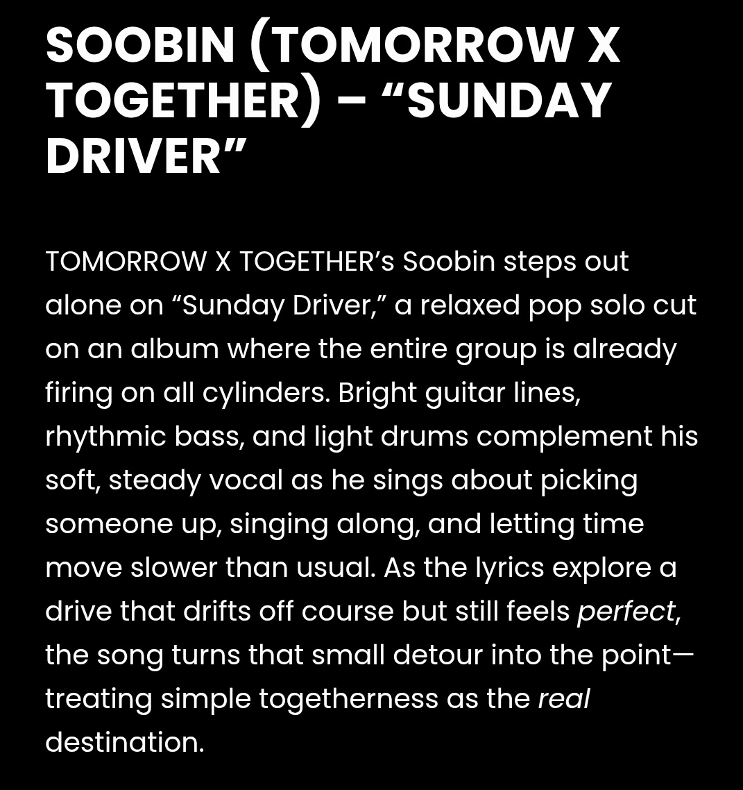 txtdom's tweet image. Sunday driver by Soobin was named one of the best K-pop songs by Stardust magazine!!!