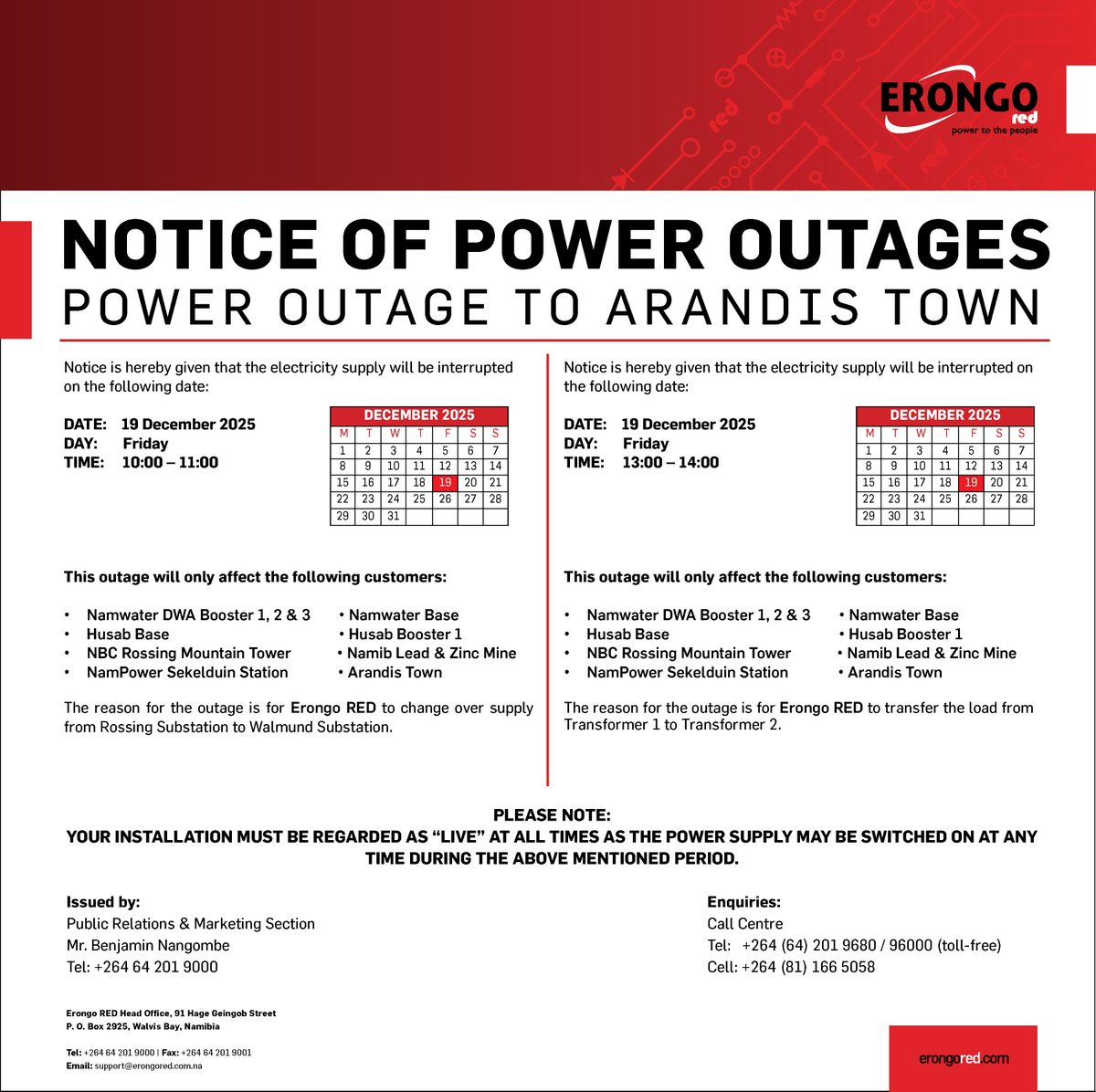 NOTICE OF POWER OUTAGES