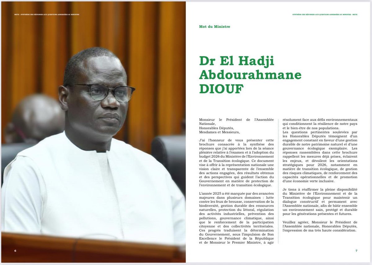 drelhadjiAdiouf's tweet image. Chers compatriotes,

Je vous partage cette brochure consacrée à la synthèse des réponses que j’ai apportées lors de la séance plénière relative à l’examen et à l’adoption du budget 2026 du Ministère de l’Environnement et de la Transition écologique. 

Ce document vise à offrir à