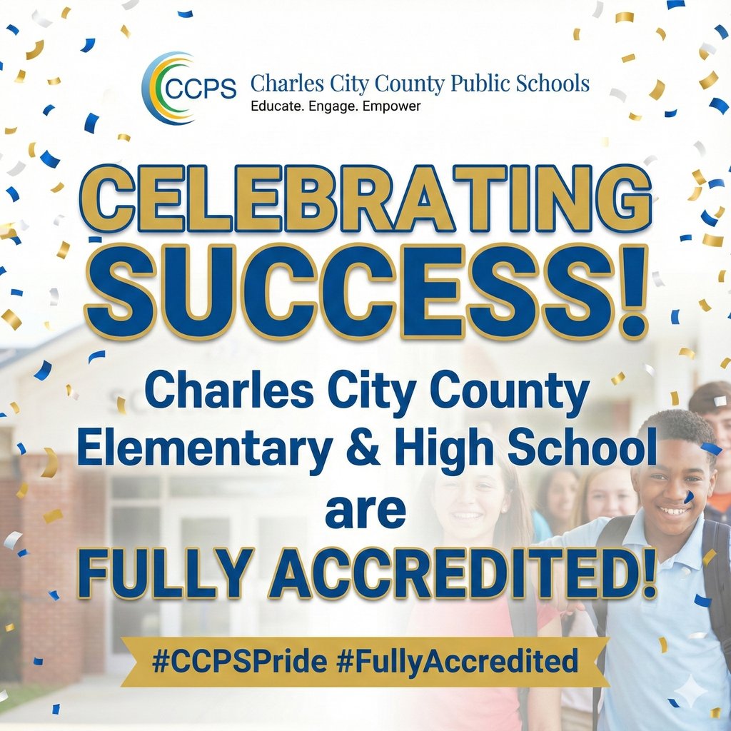 CharlesCityPS's tweet photo. HUGE NEWS! 🎉 We are incredibly proud to announce that Charles City County Elementary AND High School are officially FULLY ACCREDITED! This is an amazing achievement for our students, staff, and entire community. Hard work pays off! 💙💛✨
#CCPSPride #FullyAccredited https://t.co/gQG9p4s4Kc