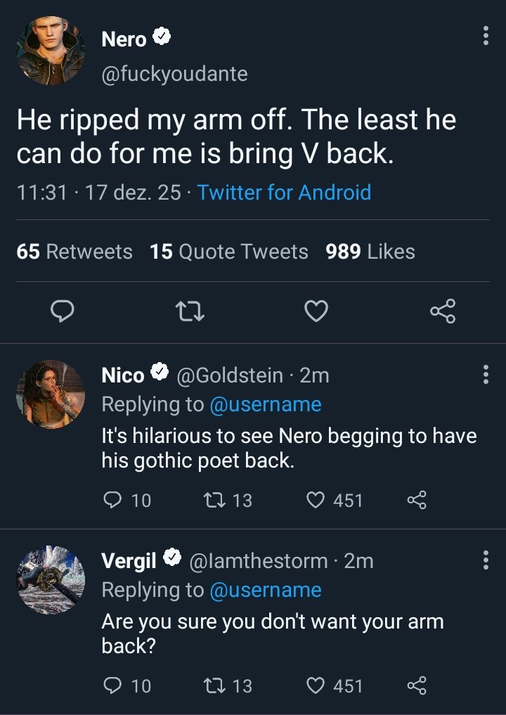 MChanSao's tweet photo. Summary of my next #NeroV fanfic in a fake tweet. After all, it doesn't cost anything, Vergil, to return the V to your son. https://t.co/p1CZAvaerK