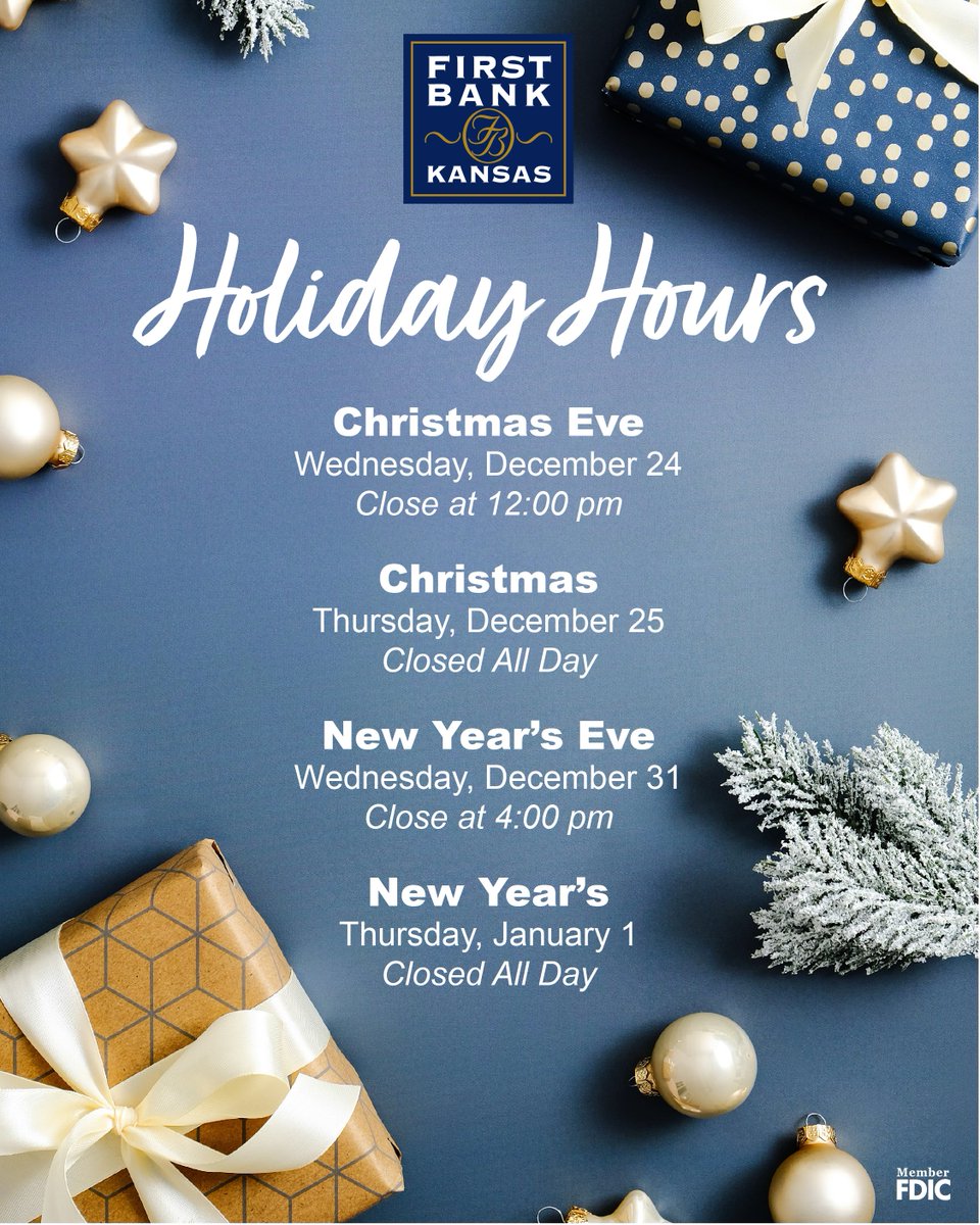 FirstBankKansas's tweet image. Heads up! Our holiday hours are approaching. We'll have adjusted hours during the holiday season to give our team time with their families. Remember, you can always access your accounts 24/7 through online and mobile banking!