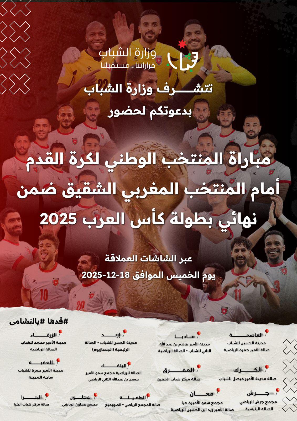 شاشات عملاقة لعرض مباراة النشامى في العاصمة والمحافظات (مواقع) #الأردن 