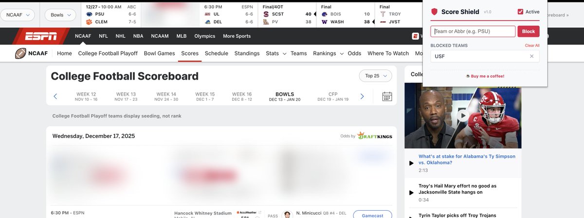 ClutchBrowser's tweet photo. Have to work today? Catching the StaffDNA Cure Bowl between USF &amp; ODU late? Blur the game out on ESPN with this free Chrome Extension - Score Shield. Perfect tool for CFB fans with real jobs! @RedditCFB @SickosCommittee 
Check it out: https://t.co/U9Bn1MloA1 https://t.co/S9QrLxD7Oo