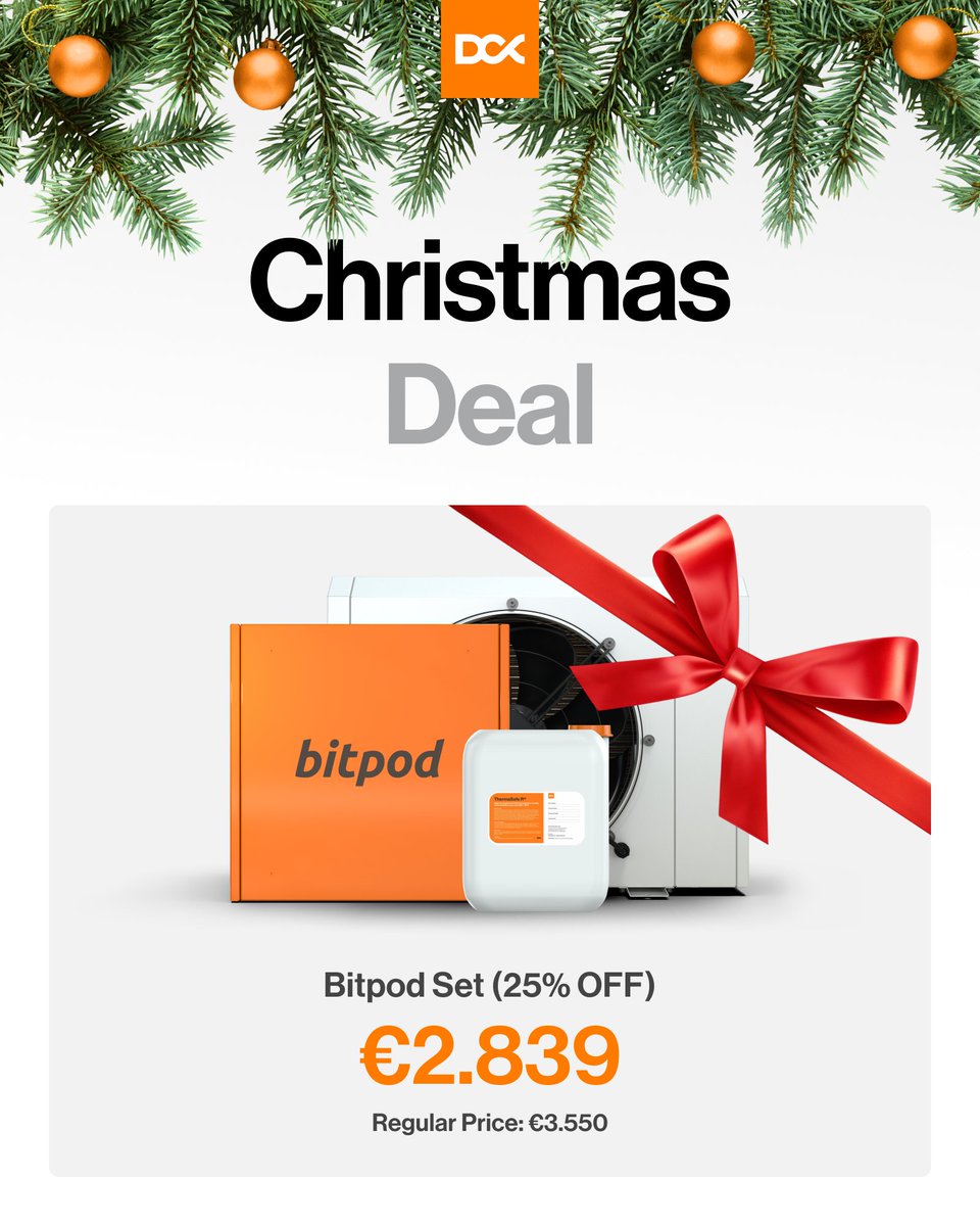 DCX_Immersion's tweet photo. Get a special holiday deal 👉 #Bitpod Plug-and-Play Bundle
🔸 All-in-one bundle: Bitpod + ICP15 Dry Cooler + ThermaSafe R
🔸 Supports 2× ASICs or 2× M66 Whatsminers
🔸 Smart #HeatReuse for pools, buildings and underfloor heating
🔸 Beginner-friendly, fast setup, instant mining https://t.co/ePewf9DNuE