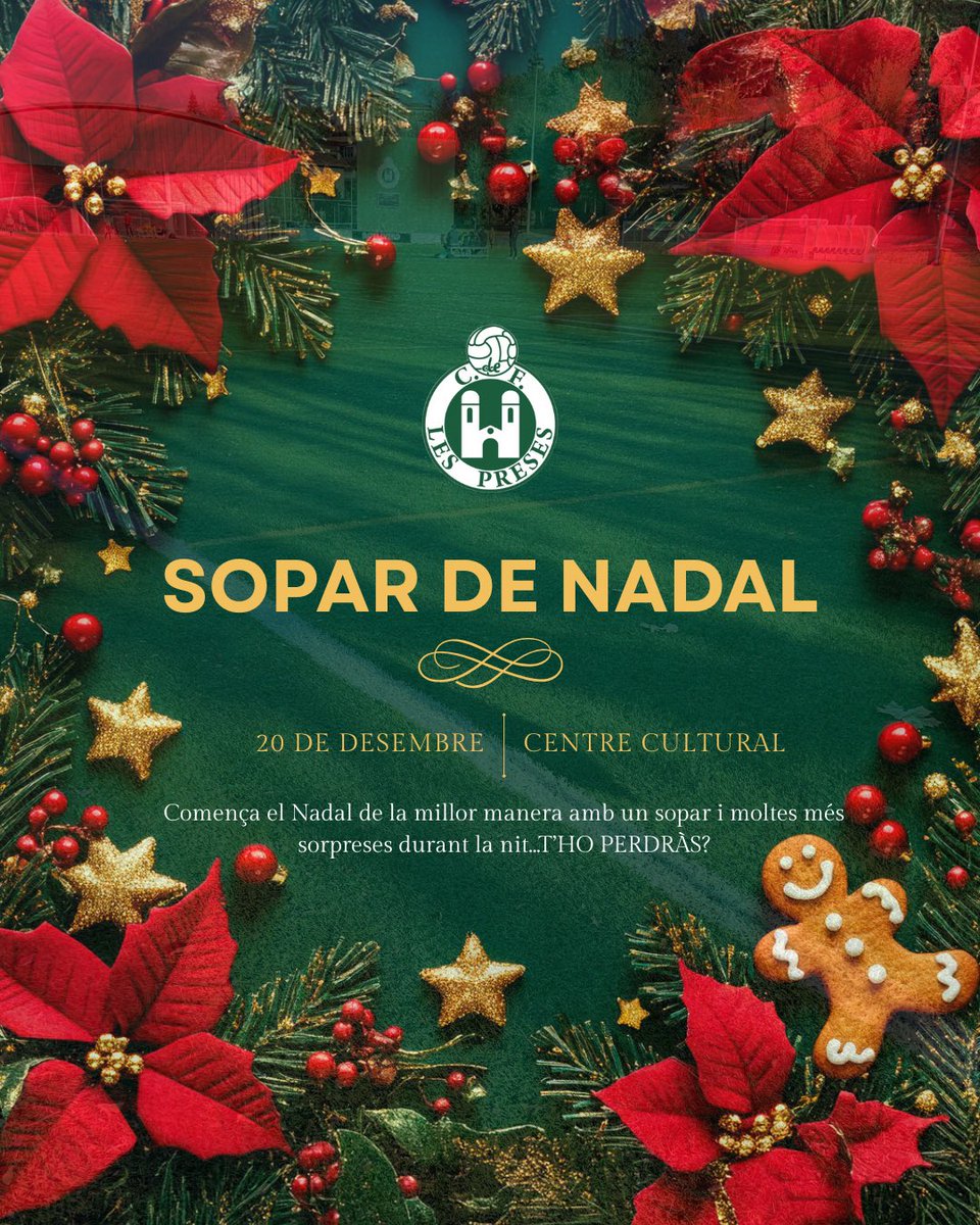 🎄SOPAR DE NADAL DEL CLUB FUTBOL LES PRESES🎄

Aquest dissabte celebrem un nou sopar per donar la benvinguda al Nadal🎅

Hi haurà moltes SORPRESES durant el sopar🎤