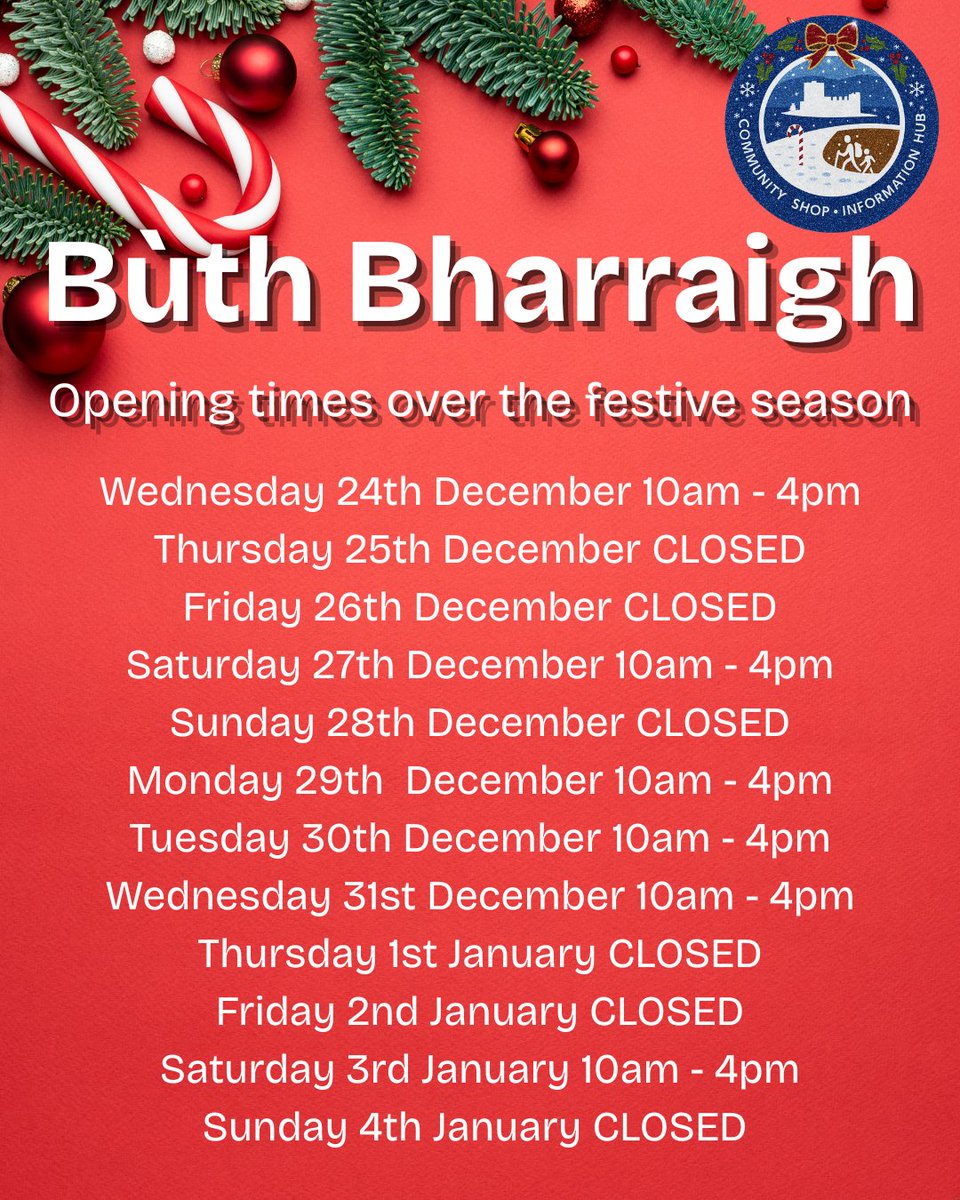ButhBharraigh's tweet photo. Here are our opening times over the festive period. 

We look forward to welcoming customers, old and new.  Pop in and say hello.

#isleofbarra @barraisland #communityshop #localeconomy https://t.co/FXi1W4ryVP