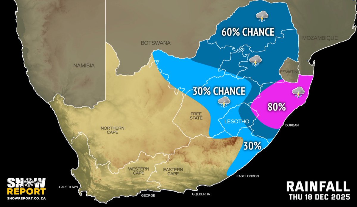 THURSDAY WEATHER: Level 5 warning for severe thunderstorms with possible flooding, damaging wind and large hail. See snowreport.co.za for the full forecast #saws #weather #forecast #weatherwarnings