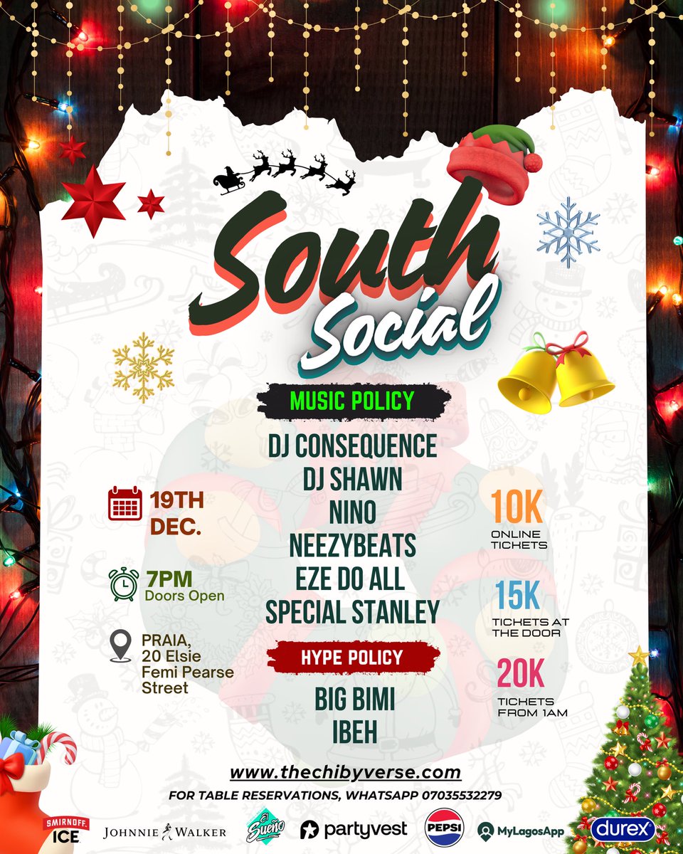 This Friday at South Socials is going to be HOT 🔥🔥🔥

Music: <a href="/djconsequence/">DJ Consequence</a> | <a href="/DeeJayShawn_/">DJ Shawn</a> | <a href="/boy_niino/">eninomeh</a> | <a href="/iam_neezy/">Ade👑</a> | <a href="/ezedoall/">🤴🏽</a> | <a href="/SpecialSTANLEY_/">Special</a> 
Hypemen: <a href="/DavidEbukae/">IBEH</a> | Big Bimi

Thechibyverse.com for tickets 🎟️ 
WhatsApp 07035532279 for table reservations 

We can’t