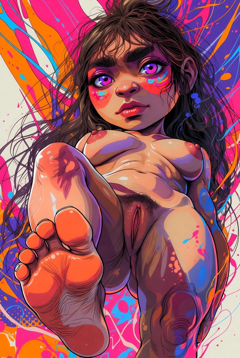 Jester1393's tweet photo. In a chaotic explosion of vivid pinks, purples, and oranges, this giantess goddess looms—wild tousled hair, glowing amethyst eyes, paint-streaked cheeks. Massive bare soles thrust impossibly close, full unfiltered nudity pulsing with raw sensuality in bold comic strokes. Dare surrender? 👣💜🎨😈
#NSFW #Giantess #FootWorship #EroticArt #NudeArt #FantasyArt #MacroArt #Femdom #SizeFetish #ArtisticNude #FootFetishArt #SensualArt #KinkyArt #GoddessVibes #PsychedelicArt