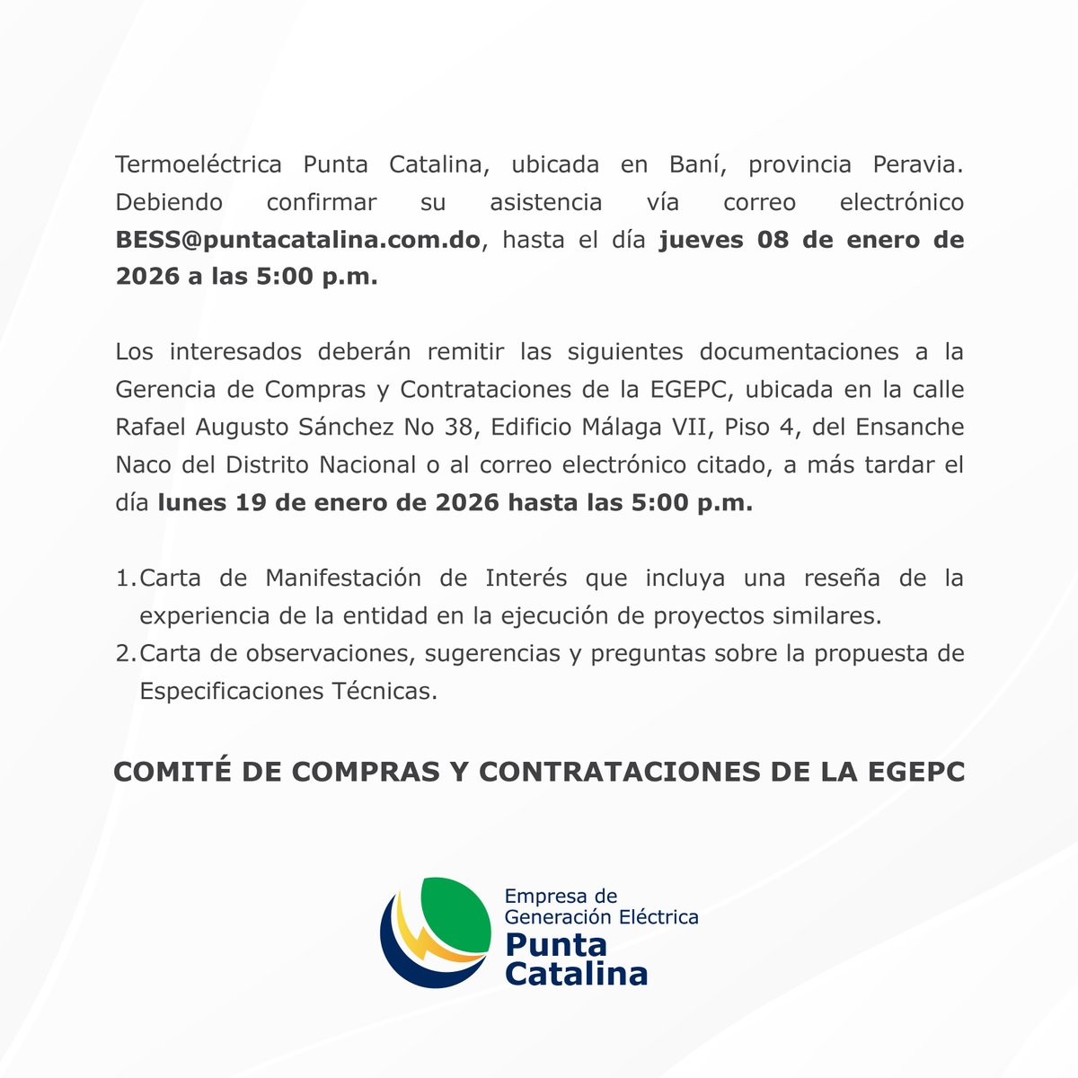 egepcrd's tweet image. Convocatoria a manifestación de interés  para Proyecto de Instalación de un Sistema de Almacenamiento de Energía en Baterías (BESS) de 75 MW/150 MWh para ofrecer los Servicios de Regulación Primaria y Secundaria de Frecuencia para la Central Termoeléctrica Punta Catalina (CTPC).…
