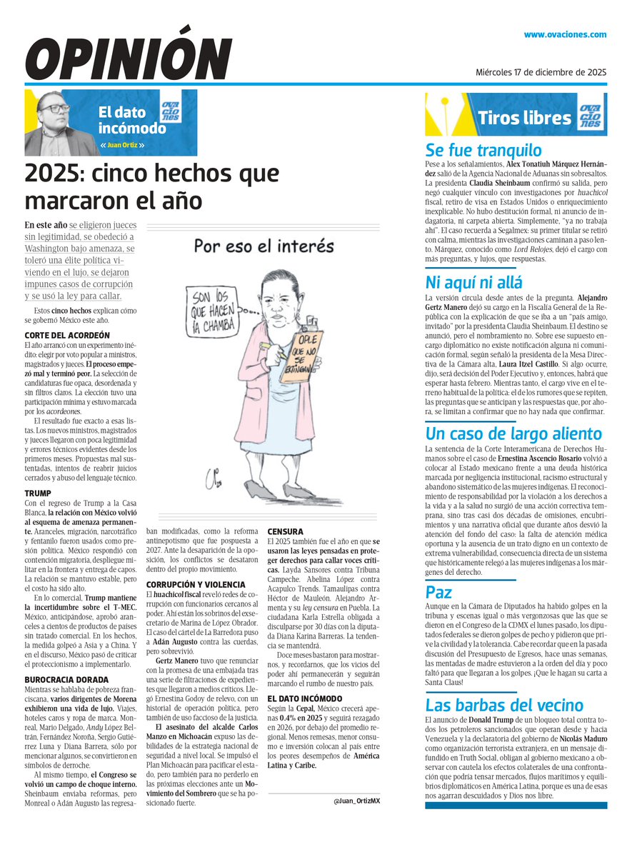 Juan_OrtizMX's tweet photo. 🗳️📌2025: CINCO HECHOS QUE MARCARON EL AÑO

1. Elección judicial: ministros, magistrados y jueces elegidos por acordeones, participación mínima y ahora cometiendo muchos errores desde sus cargos.

2. Trump: Nos convirtió en su muro comercial y de seguridad. Hemos cedido en muchas cosas.

3. Burocracia dorada de Morena: Adiós pobreza franciscana, hola viajes, lujos, derroche. Y no solo eso, también le cambian las reformas que manda Sheinbaum.

4. Corrupción y violencia: Huachicol fiscal, la Barredora, extorsión, el asesinato de Carlos Manzo.

5. Censura: Uso de la ley para callar voces en Campeche, Puebla, Tamaulipas, Dato Protegido...

¿Que más agregarías?

👉@ovaciones
