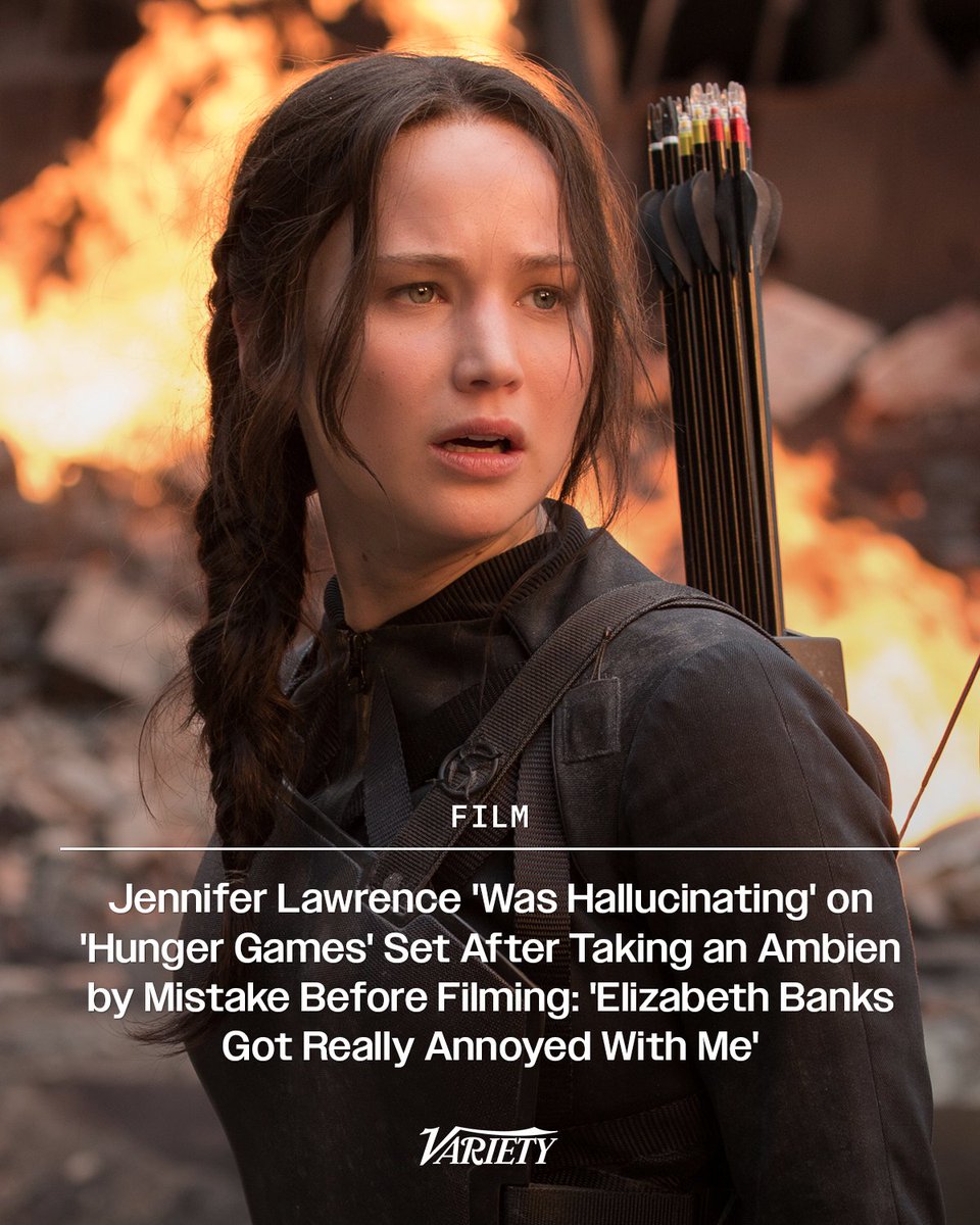 Variety's tweet photo. Jennifer Lawrence "was hallucinating" on #TheHungerGames set when she accidentally took an Ambien before filming. And it wasn't the first time.

“When I did ‘Red Sparrow,’ I took an Adderall instead of a sleeping pill, and then I didn’t sleep all night. I was taking hot showers in a panic. I am not somebody who can function without sleep. And then I had to say the phrase ‘Senate Armed Services Committee’ in a Russian accent. That sucked. I also once took an Ambien in the morning, thinking it was something else,. It was a dance scene with Philip Seymour Hoffman on the second ‘Hunger Games’ movie. I was hallucinating. Elizabeth Banks got really annoyed with me.”

Read more here: https://t.co/8TGN8JSZv5