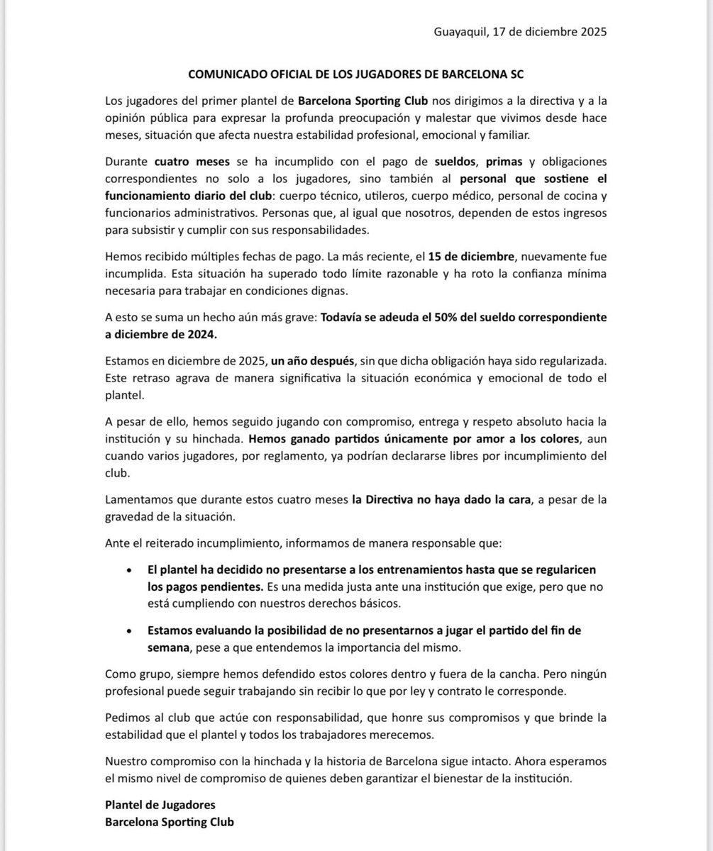 DanielNavasV's tweet photo. El plantel de Barcelona SC no entrena por falta de pagos y evalúa no presentarse al último juego del año ante IDV. https://t.co/u9NOg5UDlj