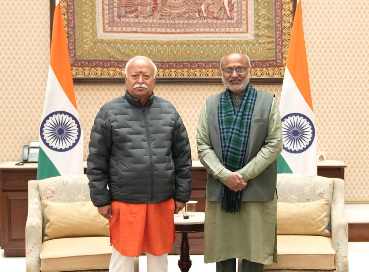 VPIndia's tweet photo. Sarsanghchalak of the Rashtriya Swayamsevak Sangh (RSS), Dr. Mohan Bhagwat, met the Hon’ble Vice-President of India, Shri C. P. Radhakrishnan, at the Vice-President’s Enclave. https://t.co/7DqdRtZaiW