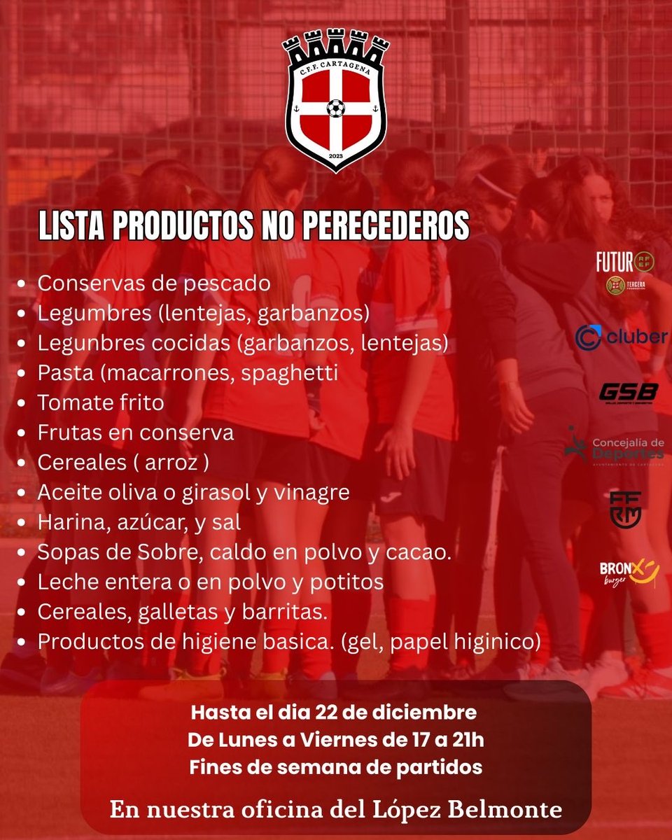 CLUB | 📦 Recogida de Alimentos hasta el Lunes 22 diciembre. 

📦 Recogida de Alimentos No Perecederos para la Residencia de Ancianos de las Hermanitas de los Pobres de Cartagena.

🗓️ Desde hoy y hasta el lunes 22 de diciembre de 17:00h a 22:00h.