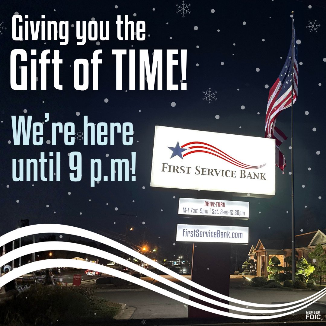 FirstServiceBnk's tweet image. At First Service Bank, we’re giving you the gift of time not just this Christmas season, but every day! ⏰💫 

With our extended VTM hours, you can bank when it’s most convenient for you:
🕖 Monday–Friday: 7 A.M.–9 P.M.
🕗 Saturday: 8 A.M.–12:30 P.M.

🔗 firstservicebank.com