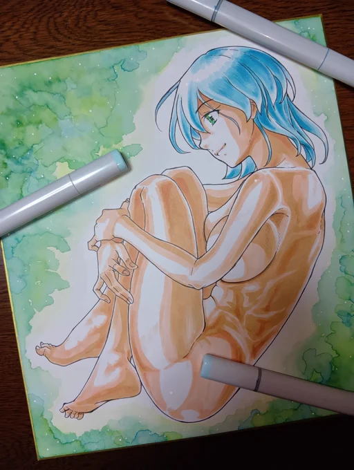 コピックの補充インクが到着したので色紙を塗る___φ(•ᴗ•๑) 勢いがついたので背景のエメラルド宇宙はいつもより2色増やした でもクリスマスのイラスト案は降りてこない……雪風はいつ咲くのだろう(。'・ω・)?w