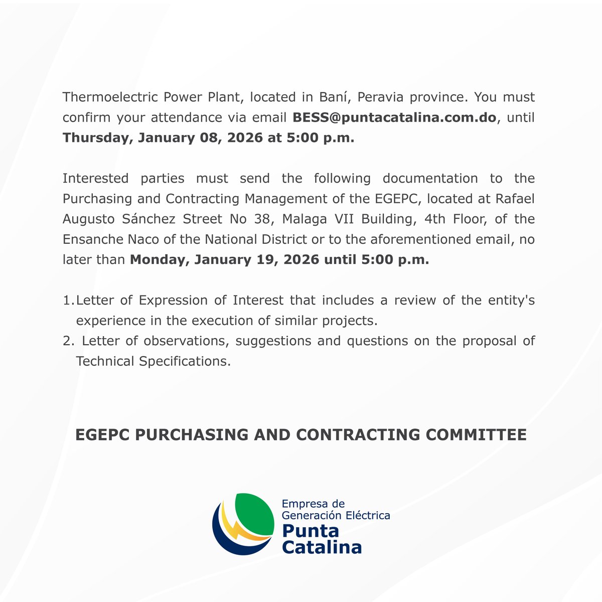 egepcrd's tweet image. Call for expressions of interest for the Project for the Installation of a 75 MW/150 MWh Battery Energy Storage System (BESS) to offer Primary and Secondary Frequency Regulation Services for the Punta Catalina Thermoelectric Power Plant (CTPC)

🔗 More information:…