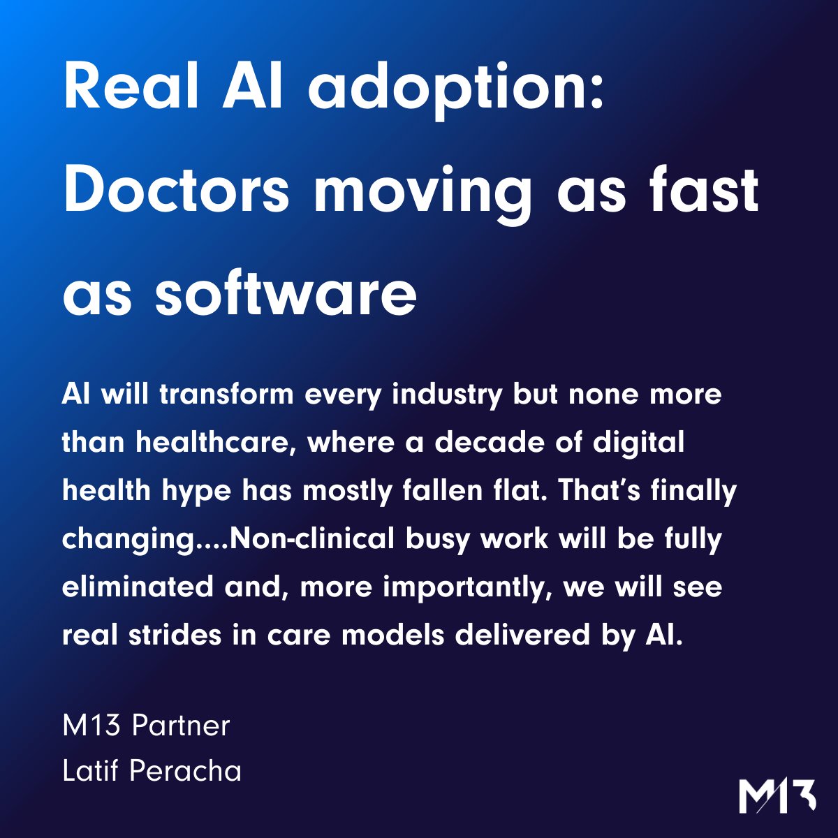 M13Company's tweet photo. Founders, partners and sector experts shared what they believe will define 2026.

Today’s batch of predictions by @latifperacha, @matthewphoffman, and @markwgrace say that next year the AI story will be led by operators and non-software founders, impacting org design as much as IT spend.

Check out the rest of our 2026 predictions at https://t.co/J292hA6J4K
