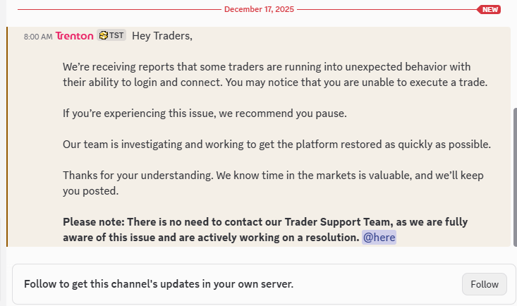 JSeyler_'s tweet photo. @Topstep @MichaelPatak 
Topstep/TopstepX down again second day in a row having major problems within the first 30 minutes of the opening bell... https://t.co/qmem2Cz7xC