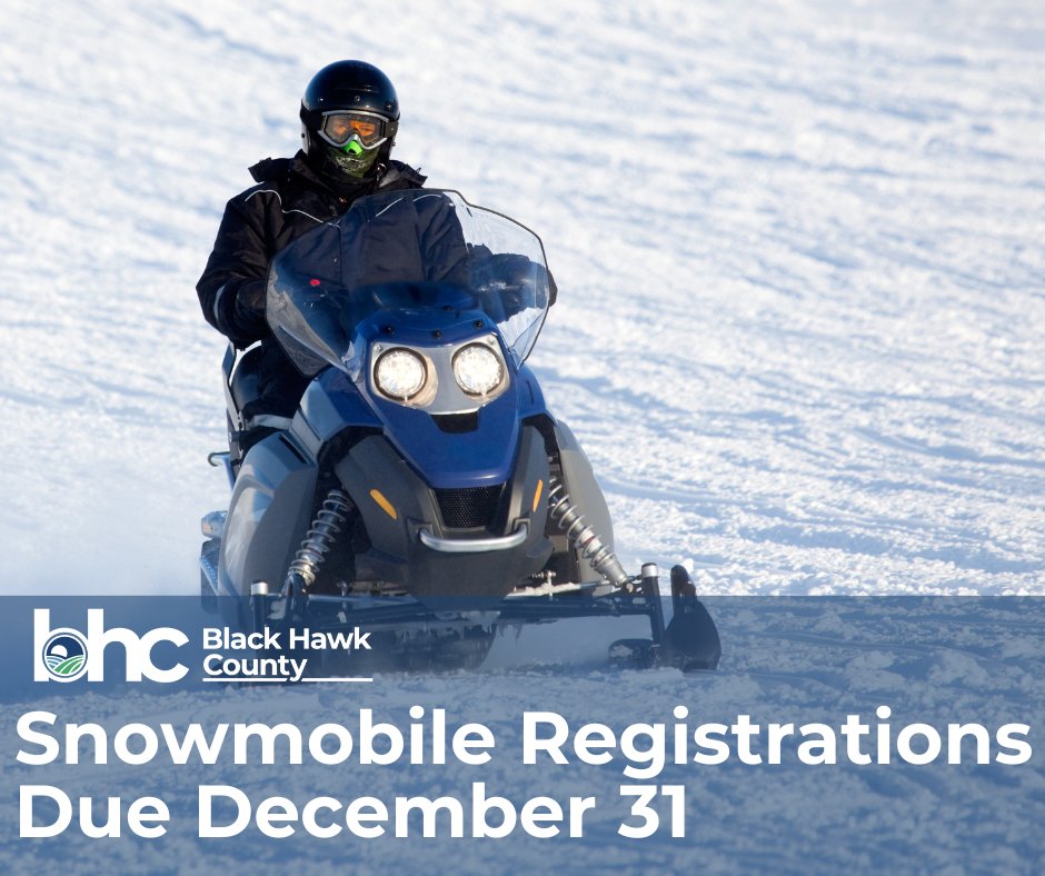 Ready to get outside? Make sure your snowmobile registration is up to date. Registrations (including ATV/OHV) are due on Dec 31! Renew in-person or by mail. For more information go to: blackhawkcounty.iowa.gov/244/ATVs-Snowm…

 #Winter #Snow #Trails #Snowmobiles #GetOutdoors #BlackHawkCounty