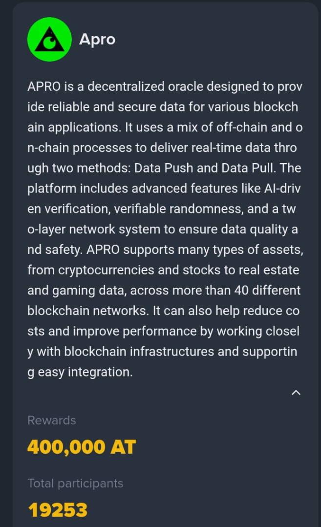 nmolkhan's tweet photo. APRO is a decentralized oracle designed to provide reliable and secure data for various blockchain applications. It uses a mix of off-chain and on-chain processes to deliver real-time data through two methods: Data Push and Data Pull. The platform includes https://t.co/UWhru7uvIW